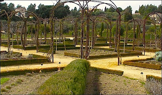 cours de cuisine à La Bastide des Saveurs La Cadière d’Azur, près de Toulon Var::le potager construit en carrés avec des arceaux sur lesquels courent des centaines de rosiers. bastide-saveurs-potager
