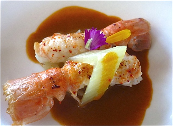 Mougins Le Mas Candille présente la nouvelle carte été 2011 de Serge Gouloumès Inspirations d’Ici et d’Ailleurs:: langoustine géante à la plancha sur confit de fenouil, réduction de soupe de roche au fenouil. candille-2011-lg1
